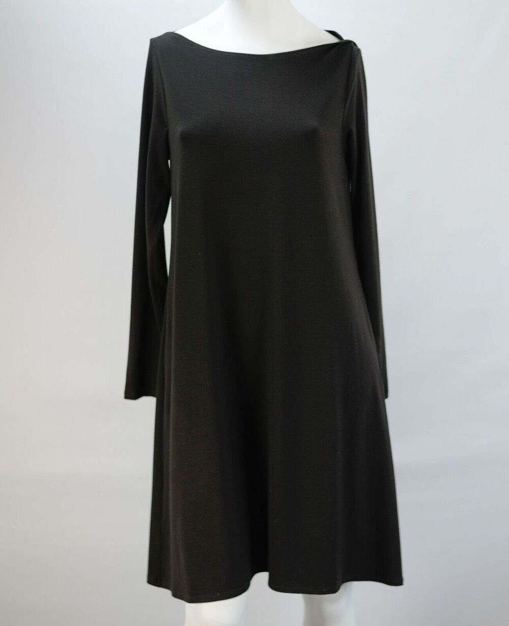 Eileen Fisher Dark Brown Long Sleeve Tuck Collar A-Line Dress Sz Petite M
